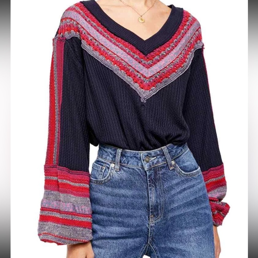 Free People Copenhagen Swit Thermal Size Large Long Sleeve Knit Trim Top Boho